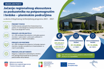 Objavljen Poziv ”Jačanje regionalnog ekosustava za poduzetnike na potpomognutim i brdsko – planinskim područjima”