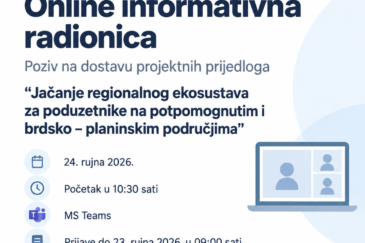 Online informativna radionica za Poziv „Jačanje regionalnog ekosustava za poduzetnike na potpomognutim i brdsko-planinskim područjima“